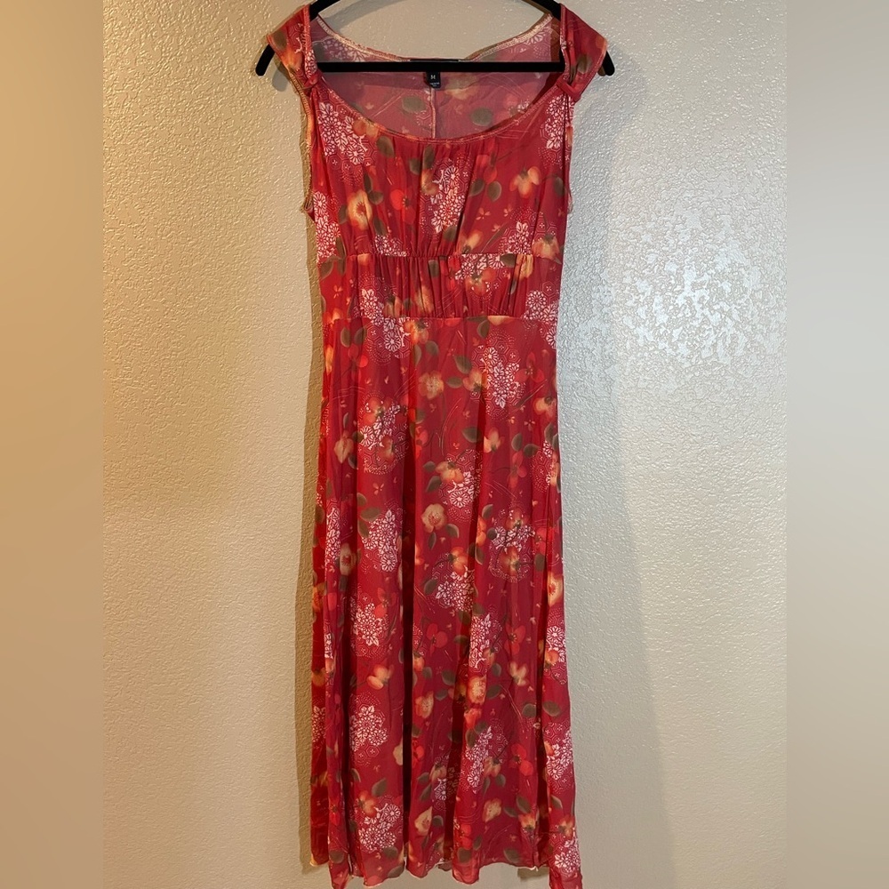 Anthropologie Westonwear Red Floral Sleeveless Midi Dress& Flattering Bodice Szm